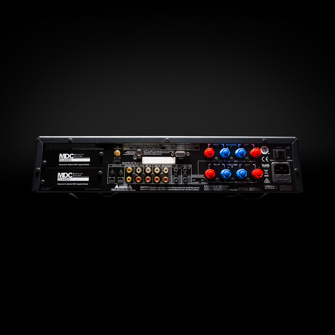 Stereo amplifier rear panel with various connections.