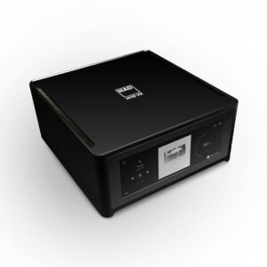 High-tech black audio device on white background.