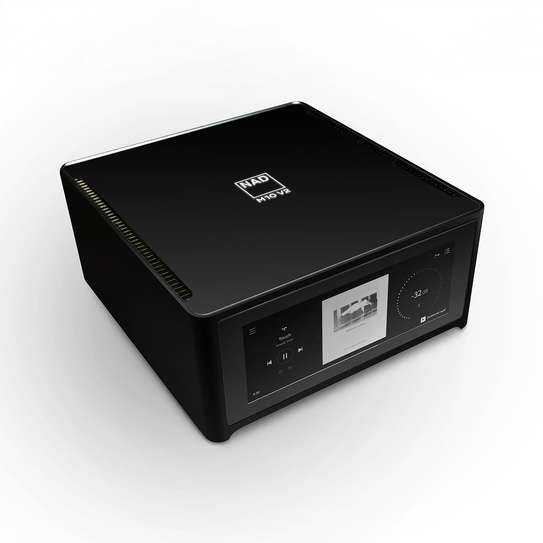 High-tech black audio device on white background.