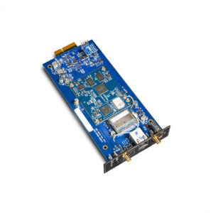 Blue computer circuit board with various electronic components.