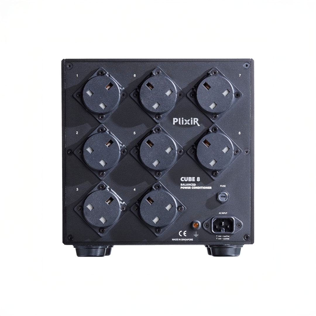 Plixir Cube 8 power conditioner back view with outlets.