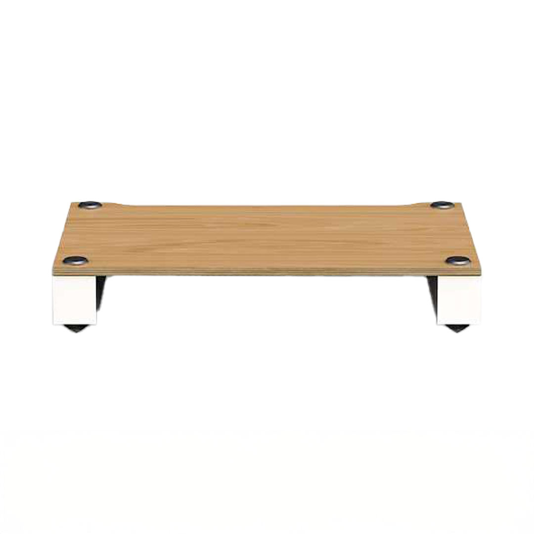 Wooden stand with white legs, minimalist design.