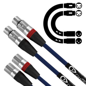 Blue XLR audio cables with connectors and labels