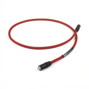Red braided RCA audio cable with black connectors.