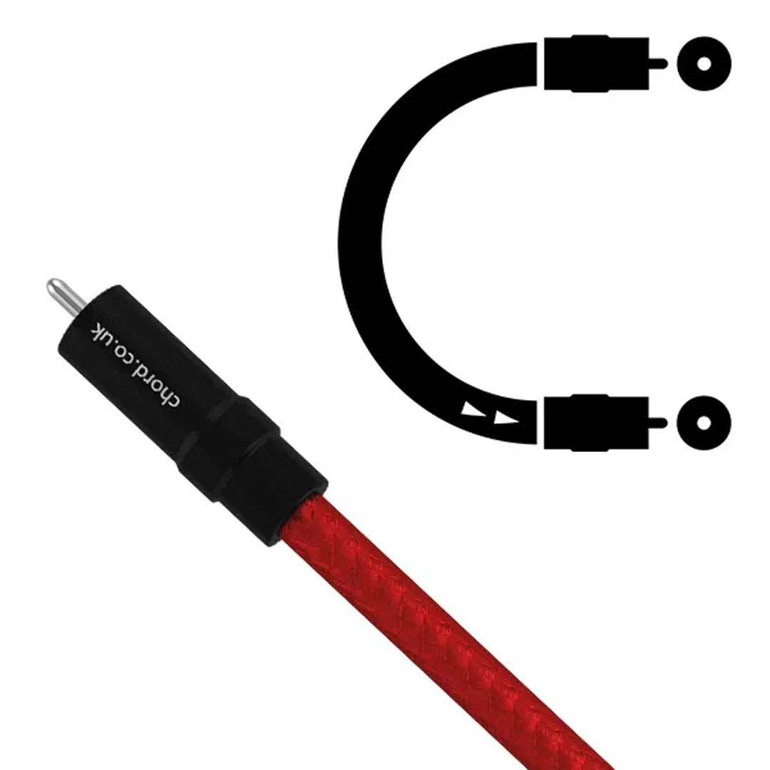 Red audio cable with connector diagram.