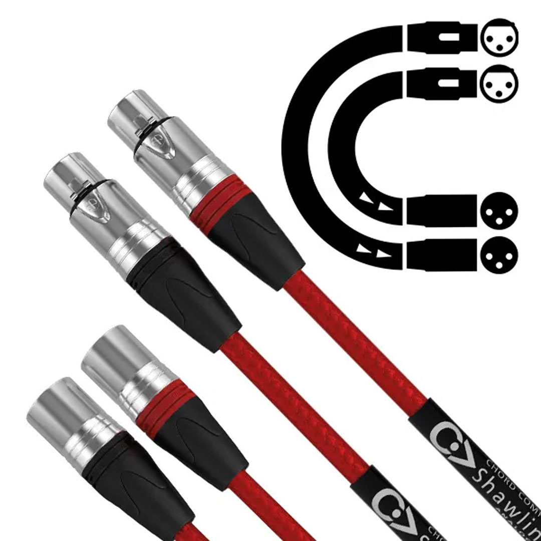 Red XLR audio cables with connectors and diagram.