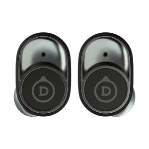 Wireless earbuds with black and silver design.