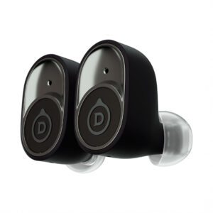 Black wireless earbuds with logo and ear tips.