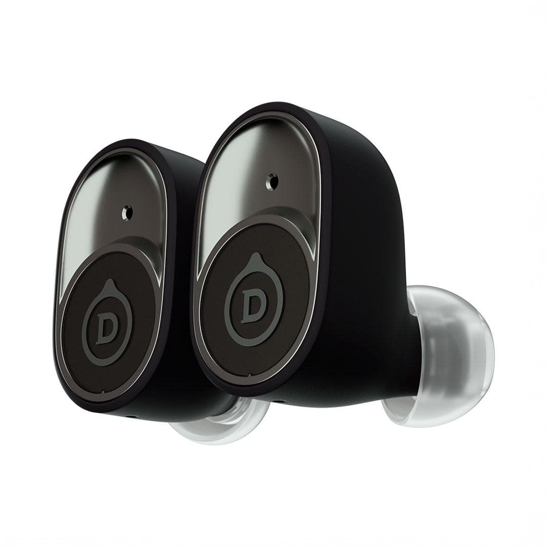 Black wireless earbuds with logo and ear tips.