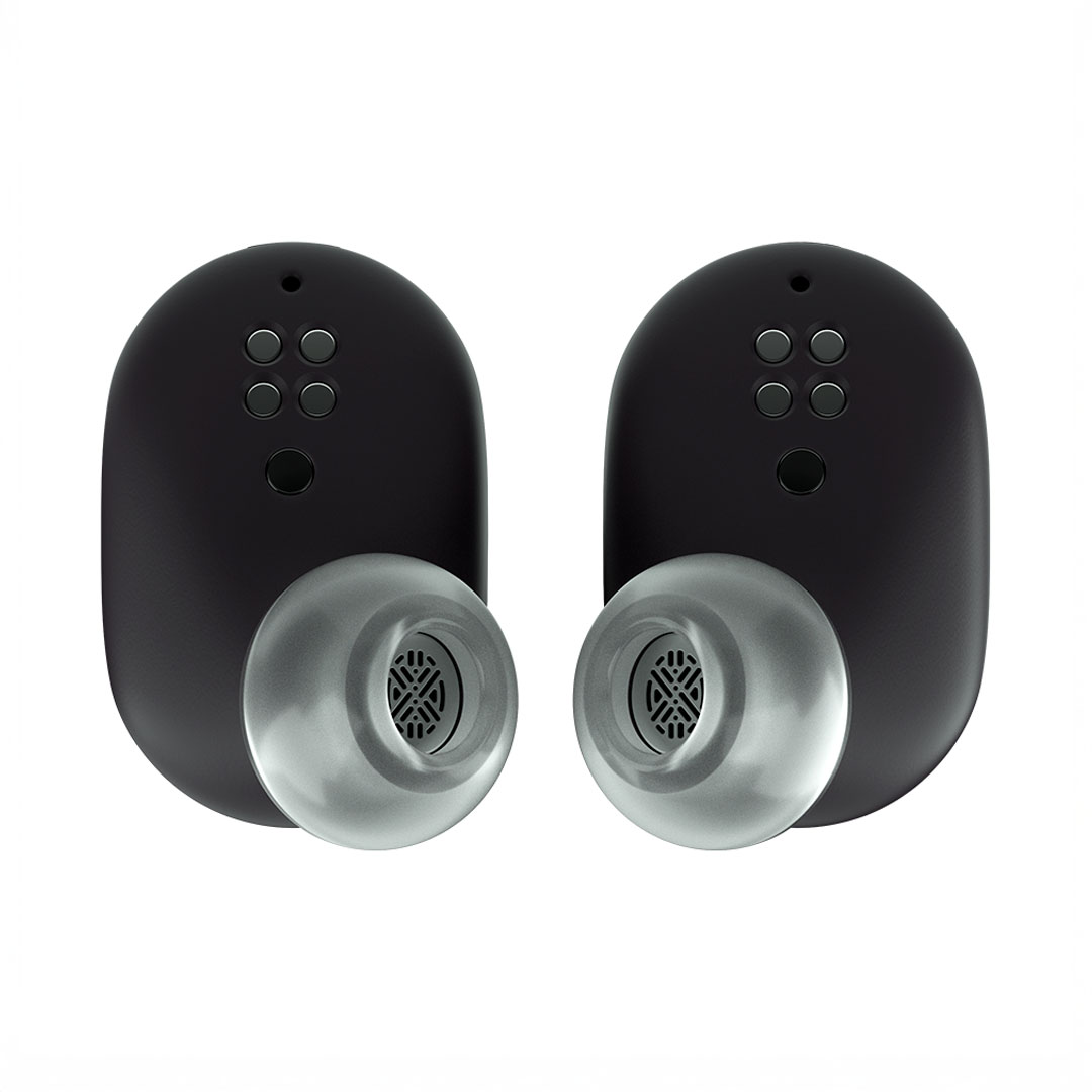 Stylish black wireless earbuds with transparent tips.