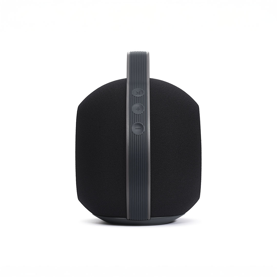 Black portable speaker with side buttons