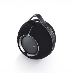 Spherical black speaker with handle and buttons