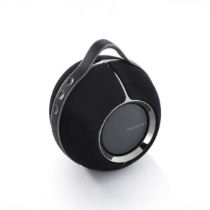 Black spherical portable speaker with handle.