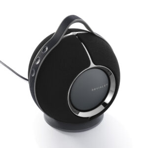 Black circular speaker on white background