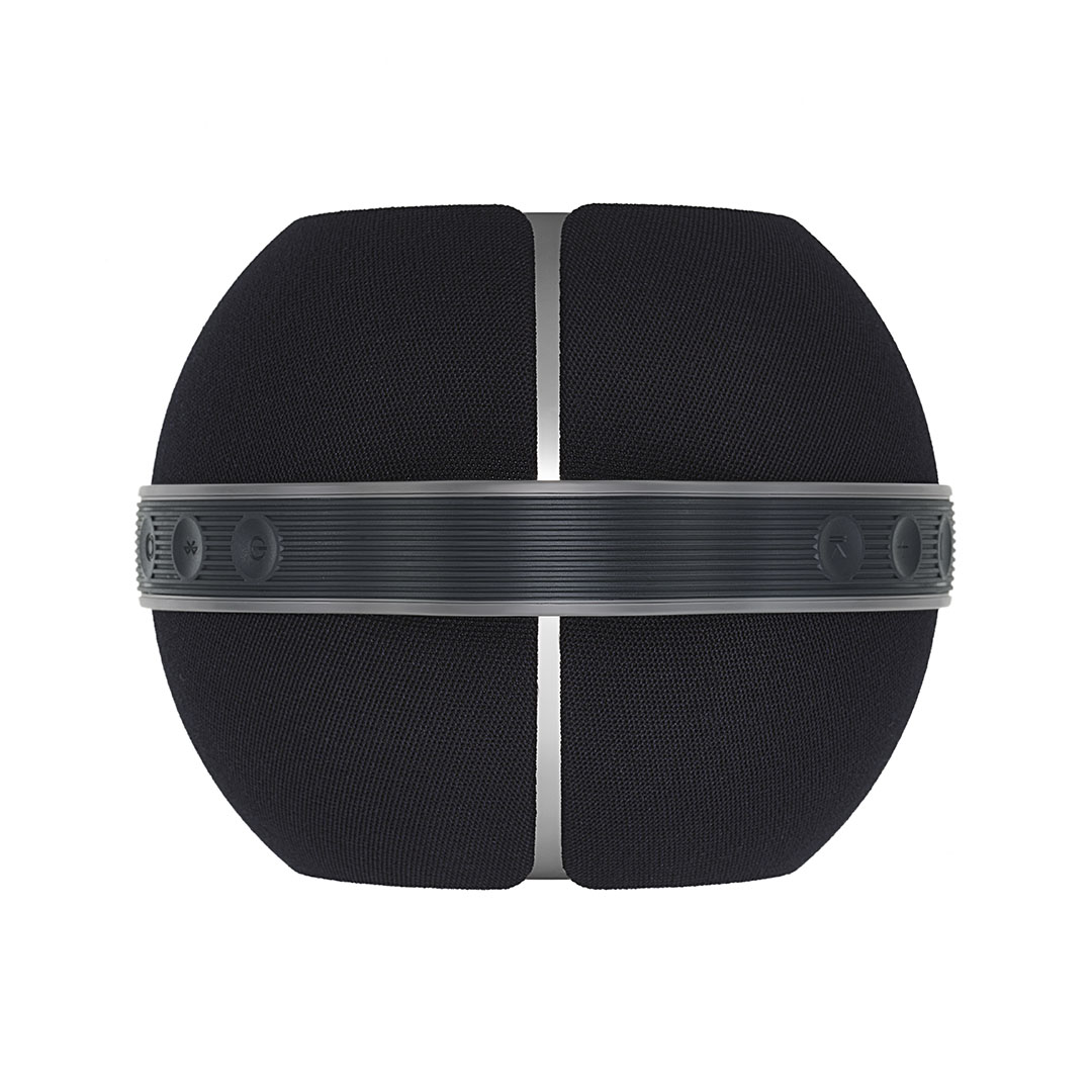 Black spherical Bluetooth speaker with control buttons