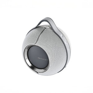 Spherical high-end portable speaker with handle.