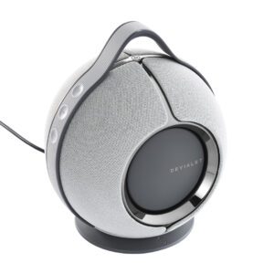 Round wireless speaker with handle and control buttons.