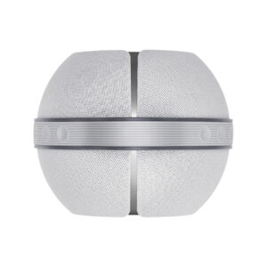 Silver spherical speaker with mesh design