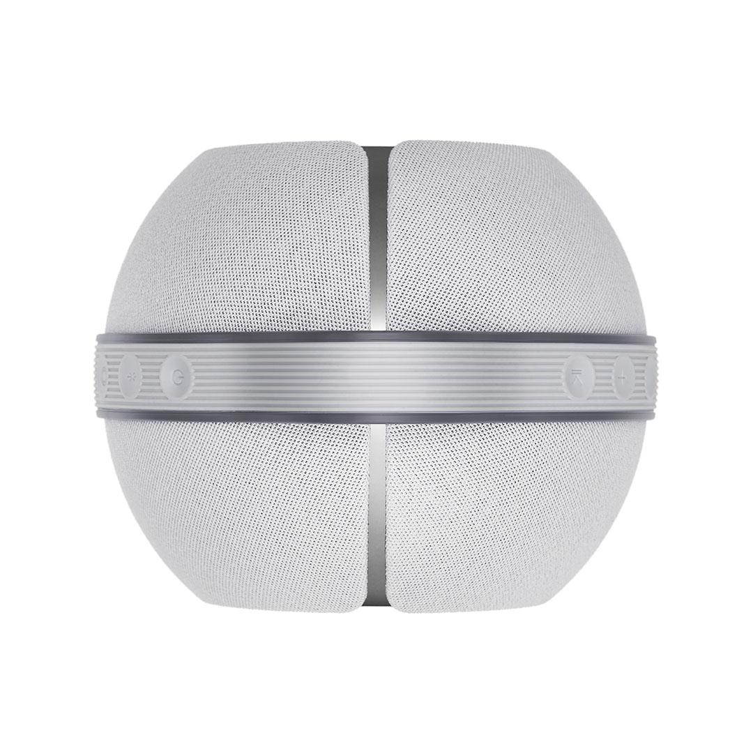 Silver spherical speaker with mesh design