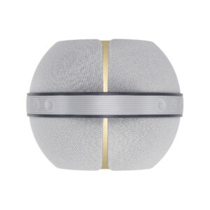 Modern spherical speaker with gold accents.