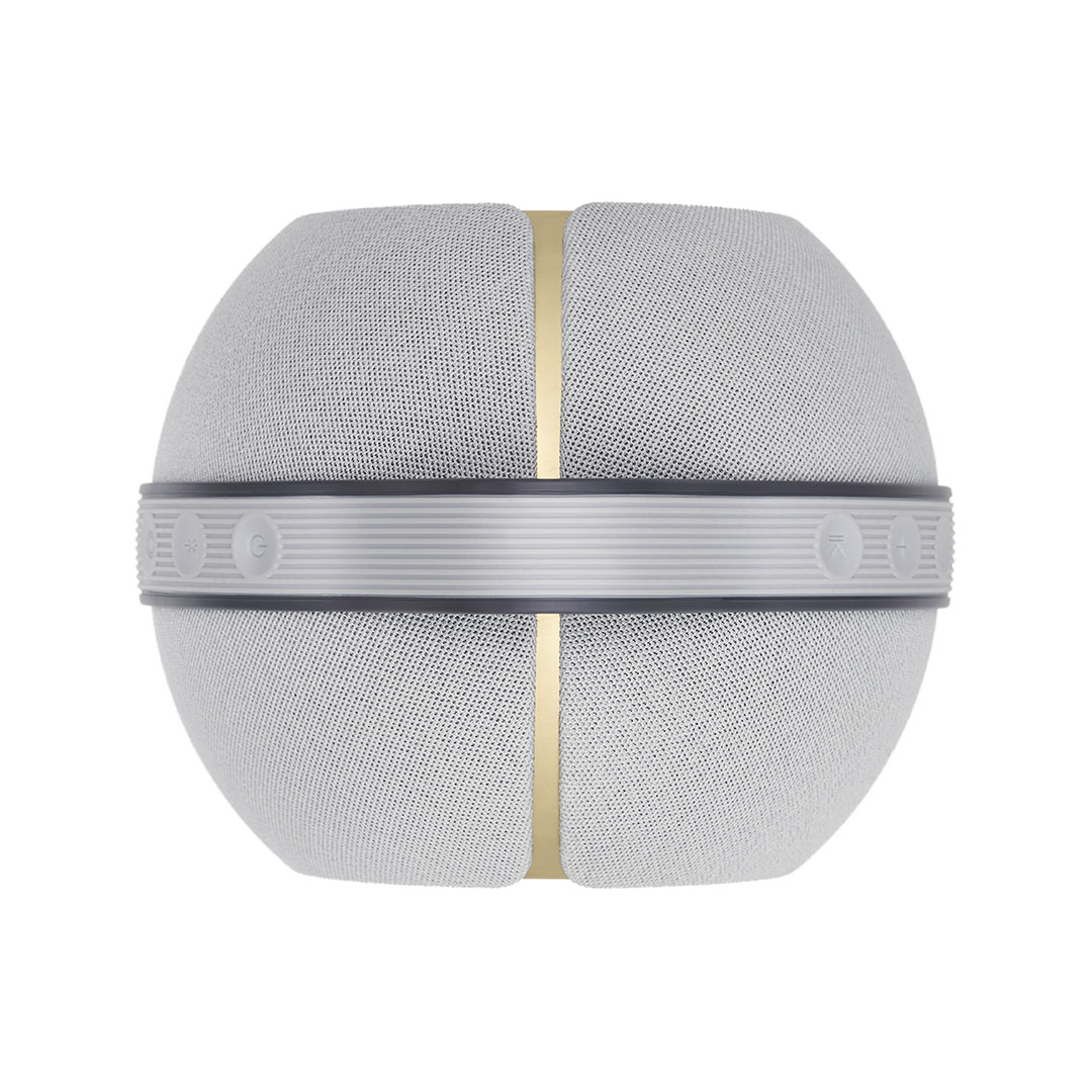 Modern spherical speaker with gold accents.