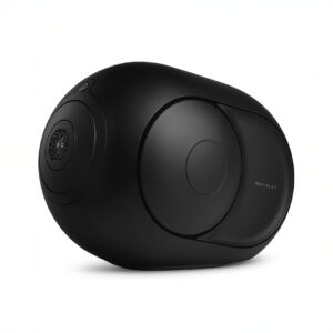 Black spherical wireless speaker with sleek design.