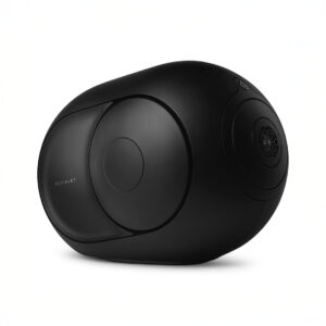 Black Devialet speaker, modern design, isolated background.