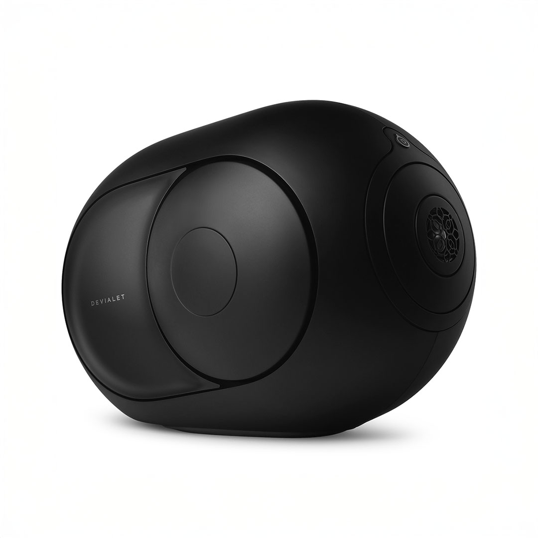 Black Devialet speaker, modern design, isolated background.