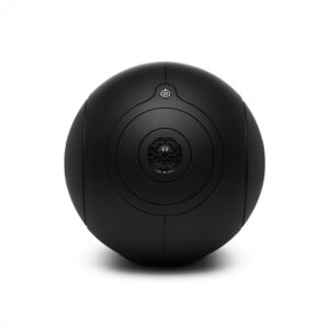Black high-tech spherical speaker front view