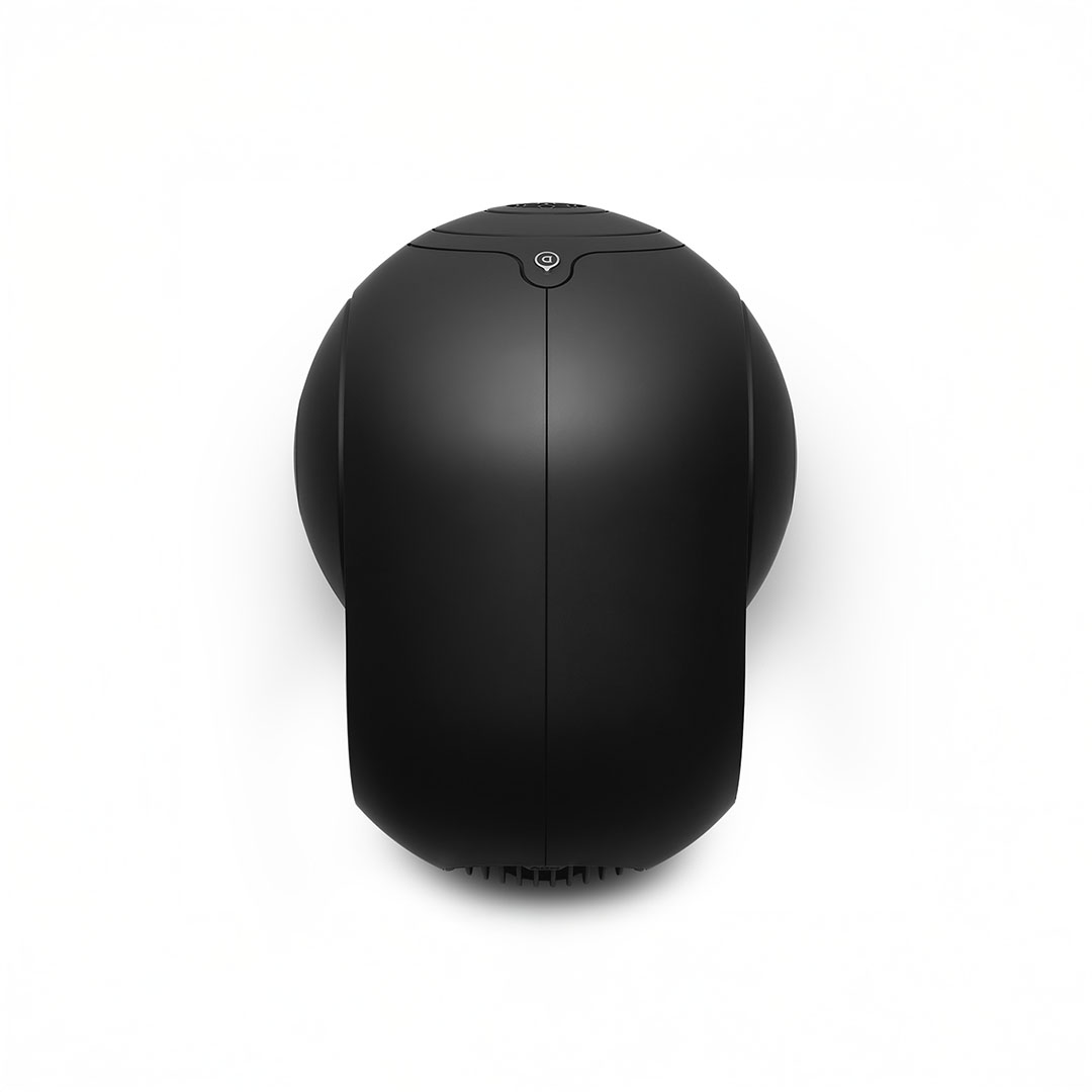 Black futuristic speaker, top view on white background.