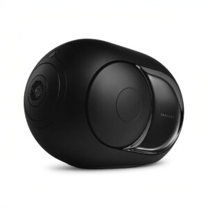 Sleek black wireless speaker with modern design.