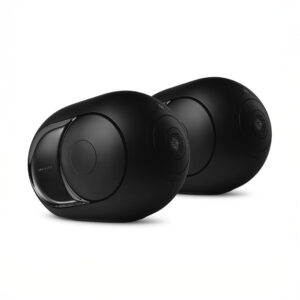 Dual black speakers on white background