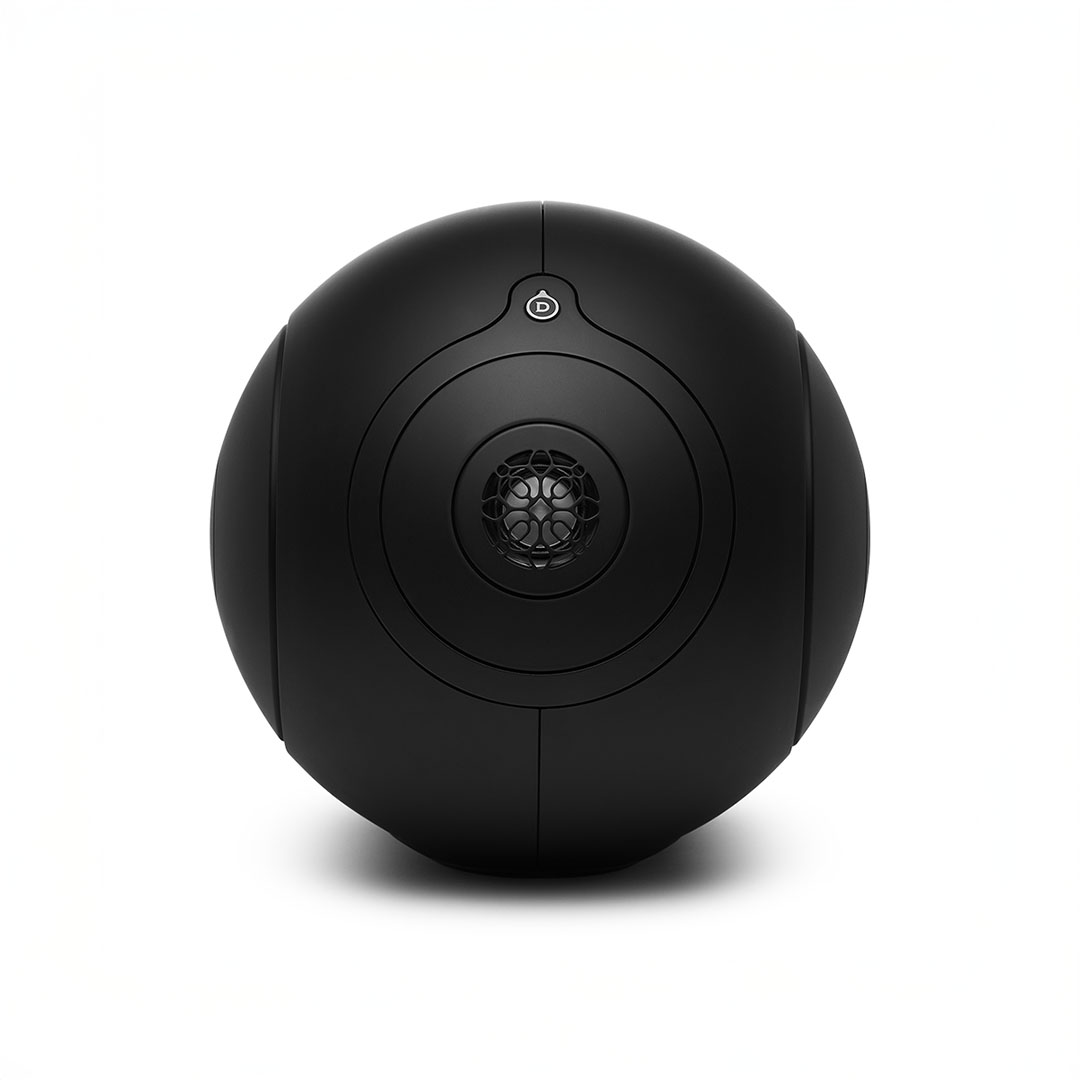 Black spherical speaker with central control button