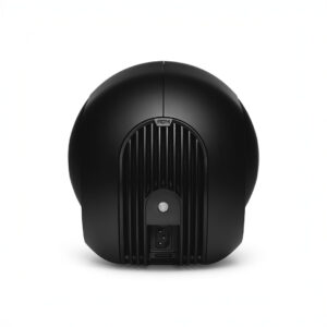 Black modern speaker with ribbed design, rear view.