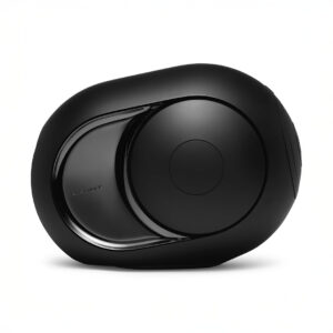 Black futuristic wireless speaker with sleek design.