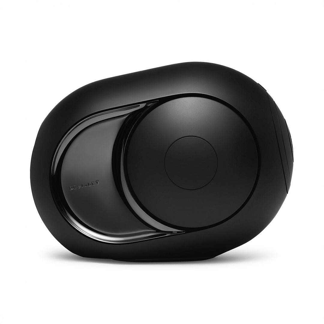 Black futuristic wireless speaker with sleek design.