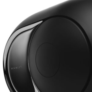 Close-up of sleek black speaker design esthetics.