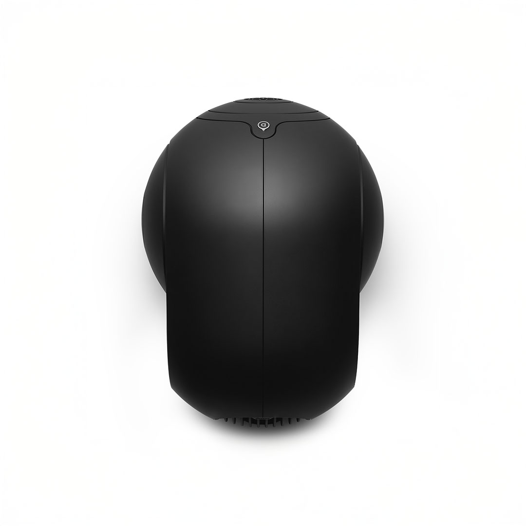 Sleek black speaker on white background.