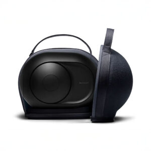 Black portable speaker with carrier case.