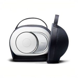 Modern white speaker in protective black carry case.