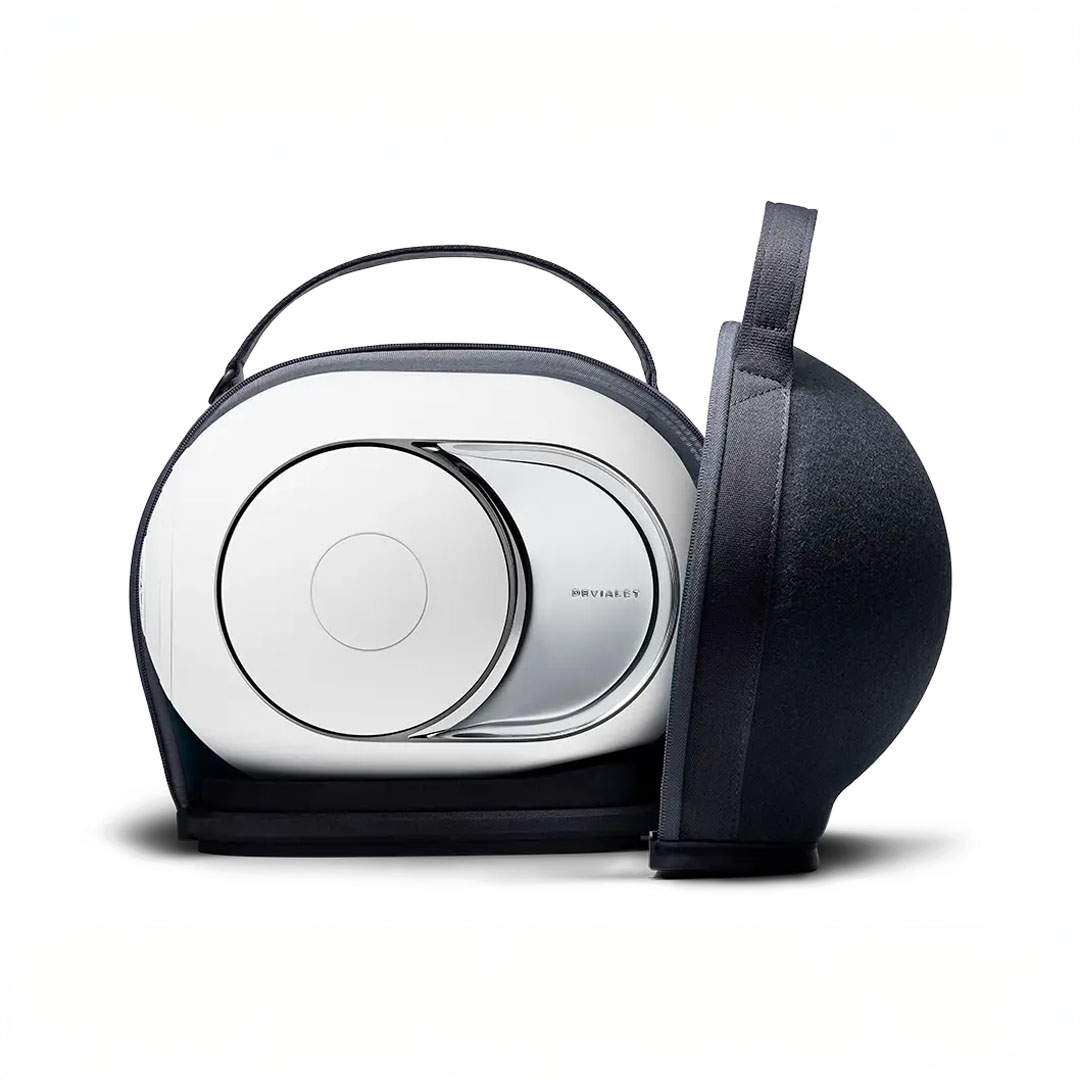 Modern white speaker in protective black carry case.