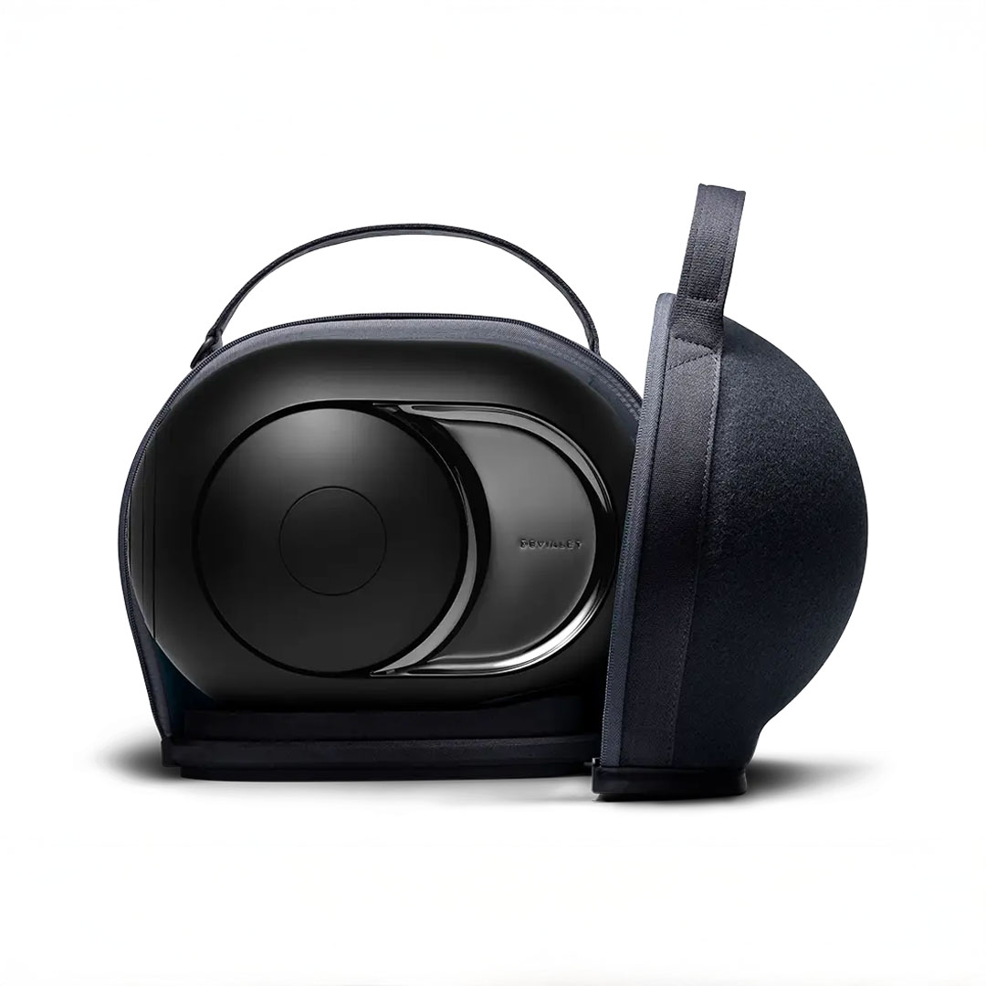 Black portable speaker with carrying case