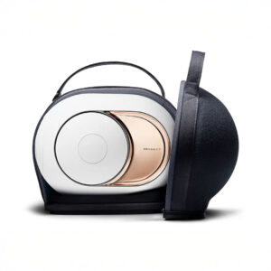 Portable speaker with sleek design in case.