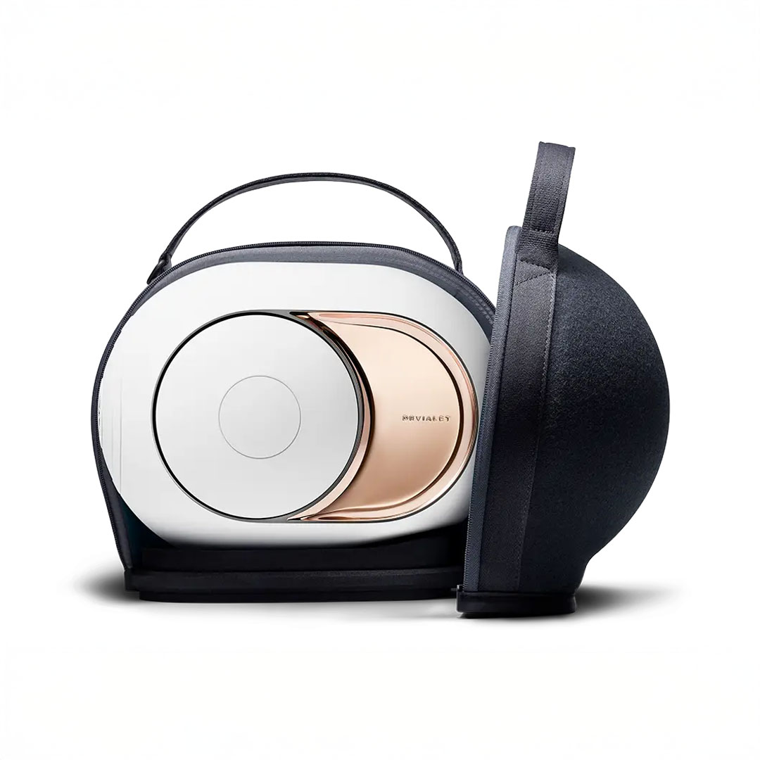 Portable speaker with sleek design in case.