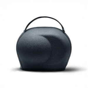 Modern gray felt bag with unique shape and handle.