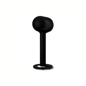 Black noise-canceling headphone stand with circular base.
