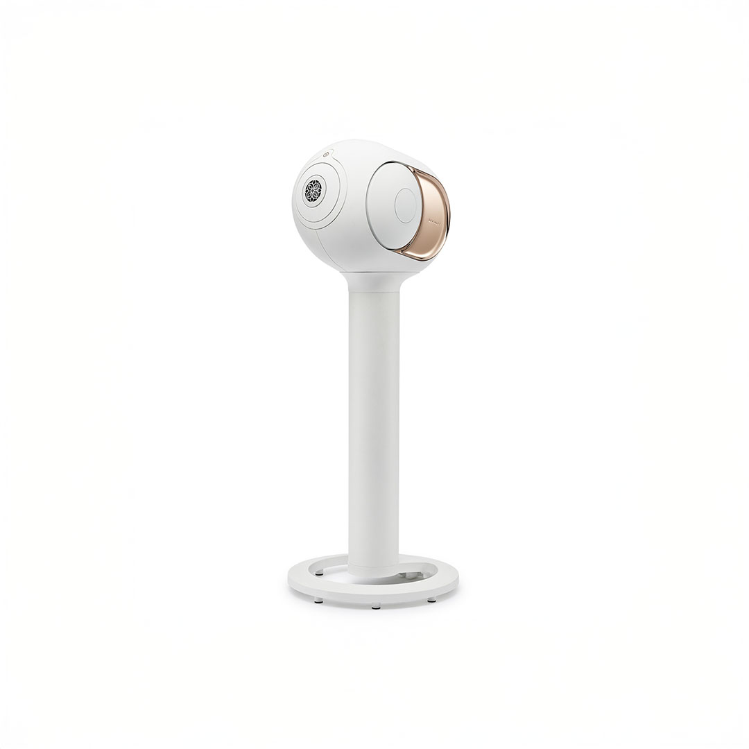 White standing speaker with gold accents