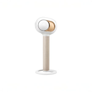 Modern speaker on wooden stand, white background
