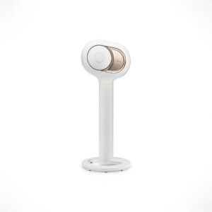 White smart speaker on sleek stand