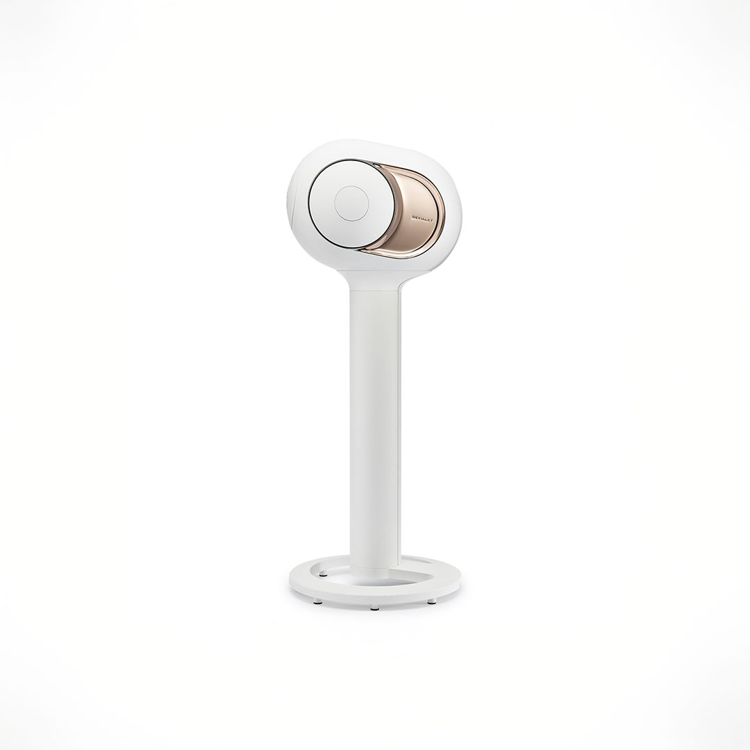 White smart speaker on sleek stand